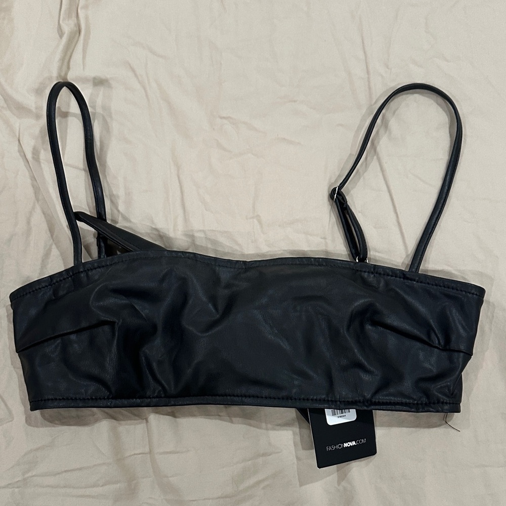 Fashion nova fly me out Black Faux Leather Crop Top S NWT
